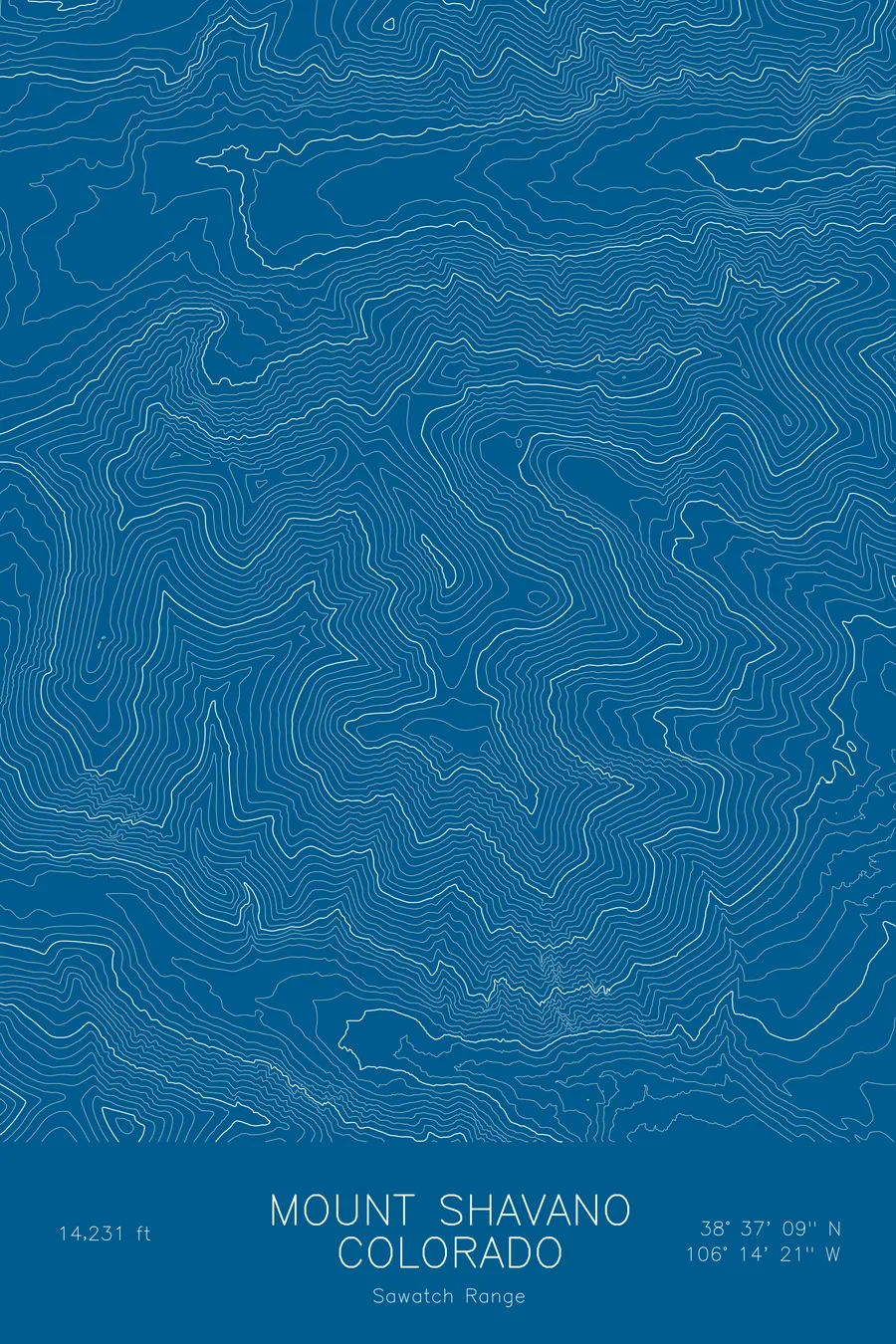 Pen-plotted topographic map of Mount Shavano, Colorado in white ink on blue paper
