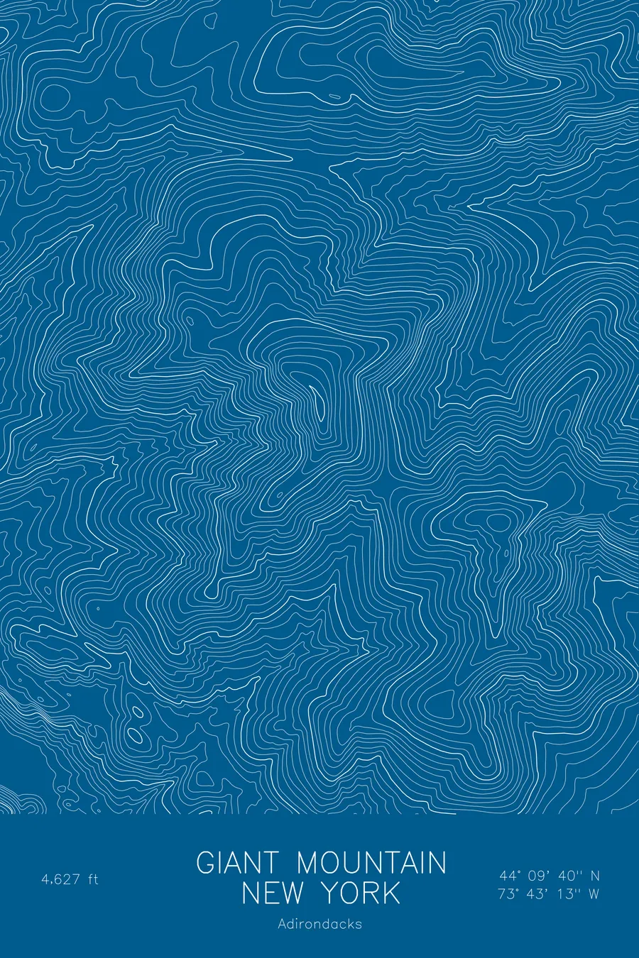Pen-plotted topographic map of Giant Mountain, New York in white ink on blue paper