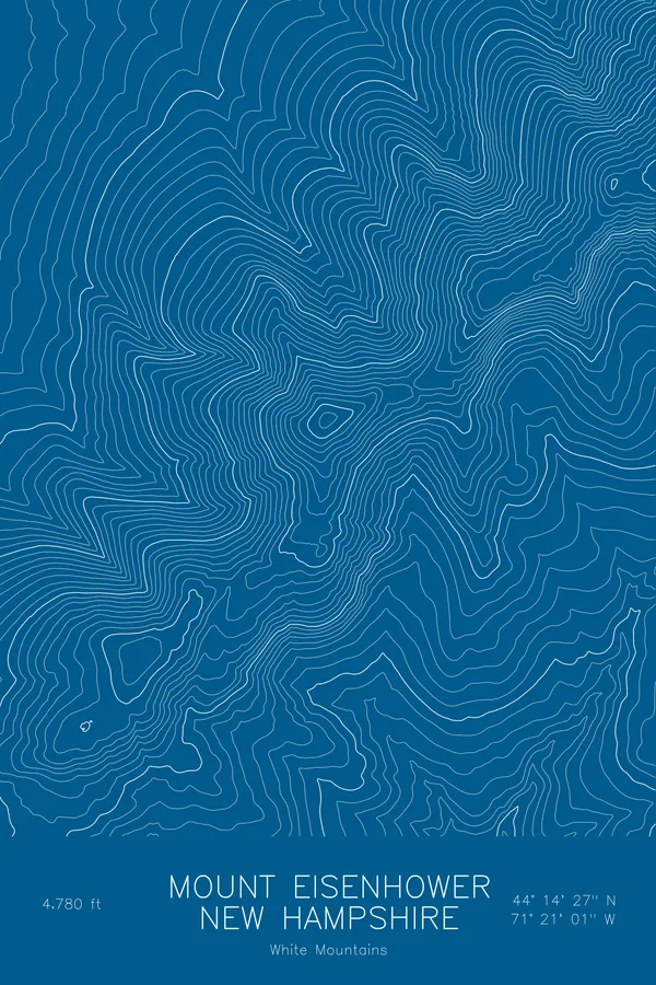Pen-plotted topographic map of Mount Eisenhower, New Hampshire in white ink on blue paper