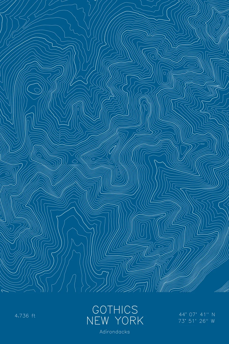 Pen-plotted topographic map of Gothics, New York in white ink on blue paper
