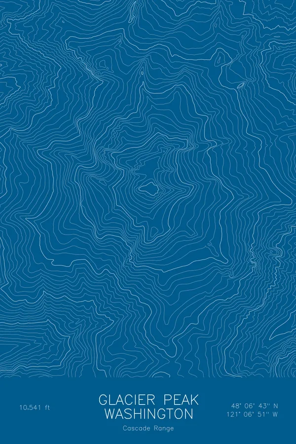 Pen-plotted topographic map of Glacier Peak, Washington in white ink on blue paper