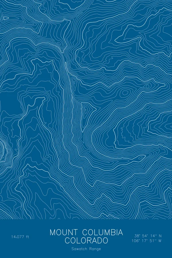 Pen-plotted topographic map of Mount Columbia, Colorado in white ink on blue paper