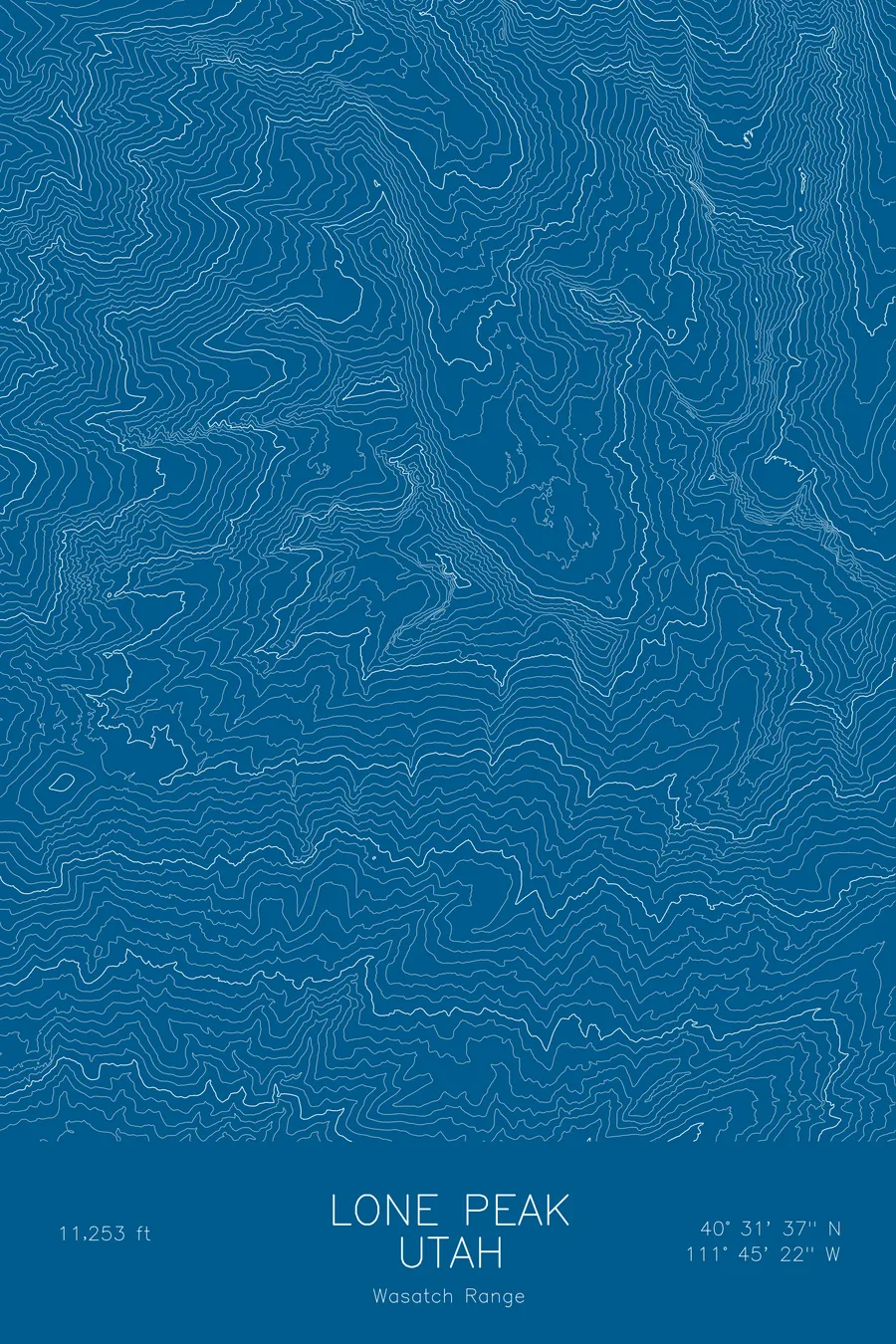 Pen-plotted topographic map of Lone Peak, Utah in white ink on blue paper