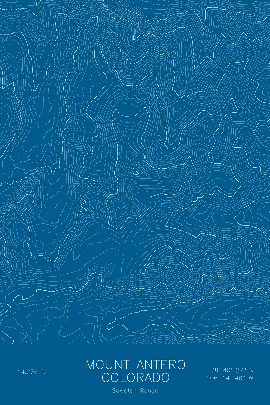 Pen-plotted topographic map of Mount Antero, Colorado in white ink on blue paper