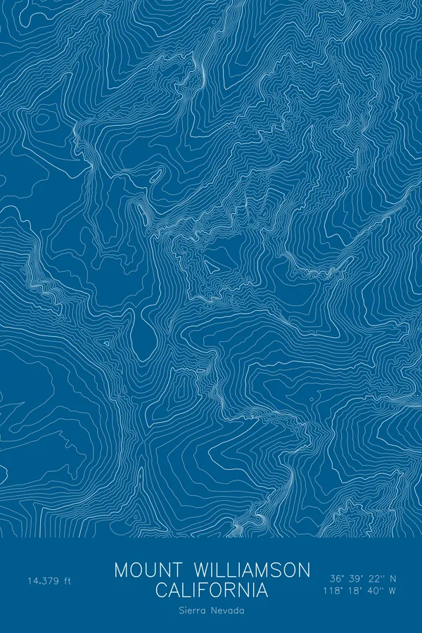 Pen-plotted topographic map of Mount Williamson, California in white ink on blue paper