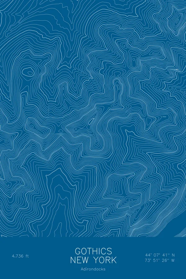 Pen-plotted topographic map of Gothics, New York in white ink on blue paper