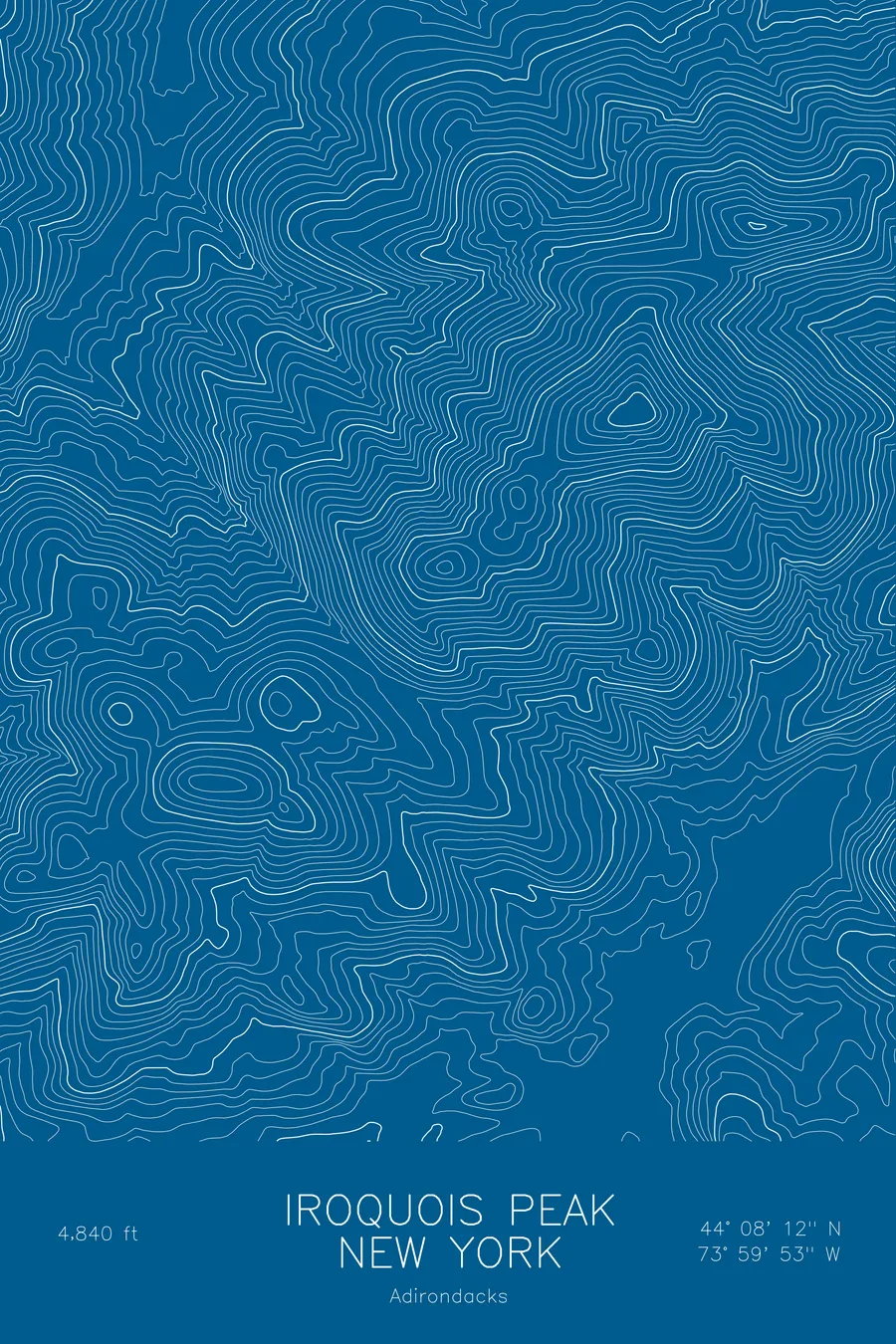 Pen-plotted topographic map of Iroquois Peak, New York in white ink on blue paper
