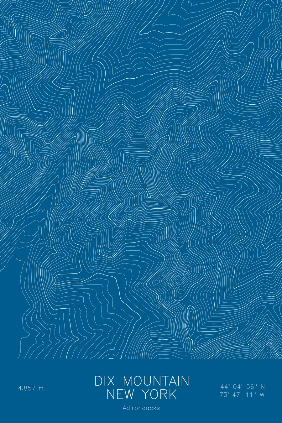 Pen-plotted topographic map of Dix Mountain, New York in white ink on blue paper