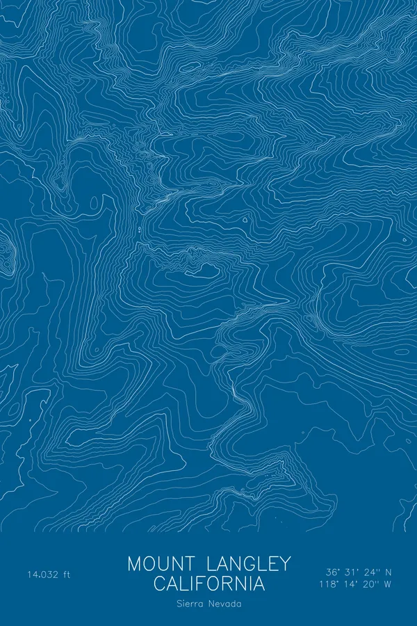 Pen-plotted topographic map of Mount Langley, California in white ink on blue paper