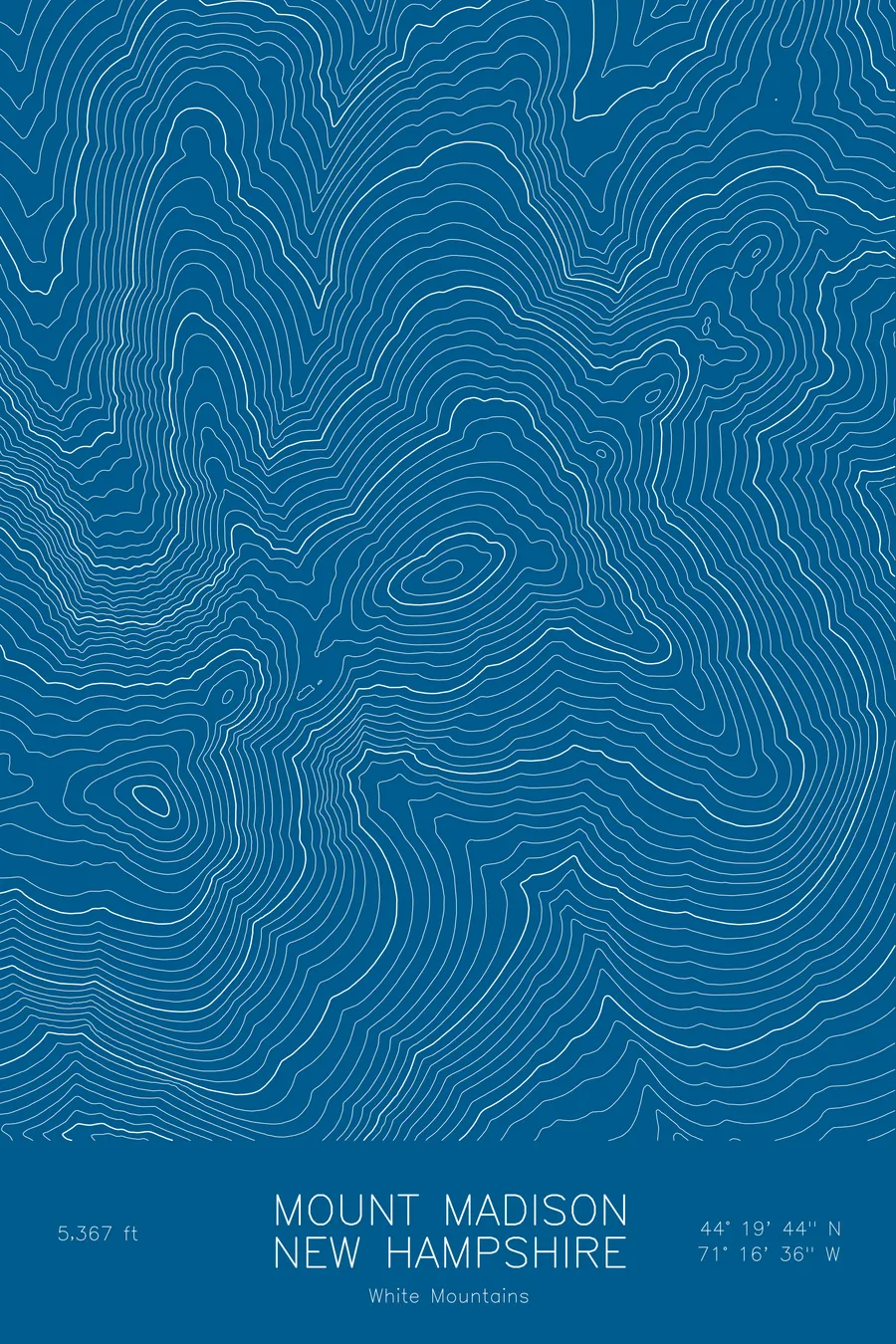 Pen-plotted topographic map of Mount Madison, New Hampshire in white ink on blue paper