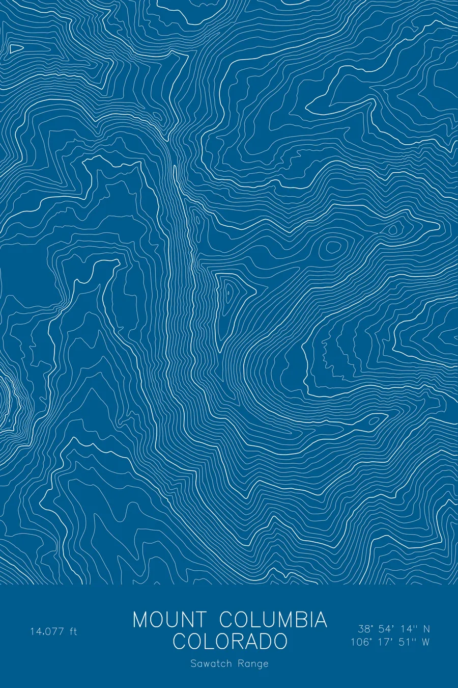 Pen-plotted topographic map of Mount Columbia, Colorado in white ink on blue paper