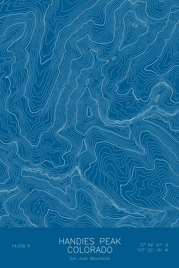 Pen-plotted topographic map of Handies Peak, Colorado in white ink on blue paper