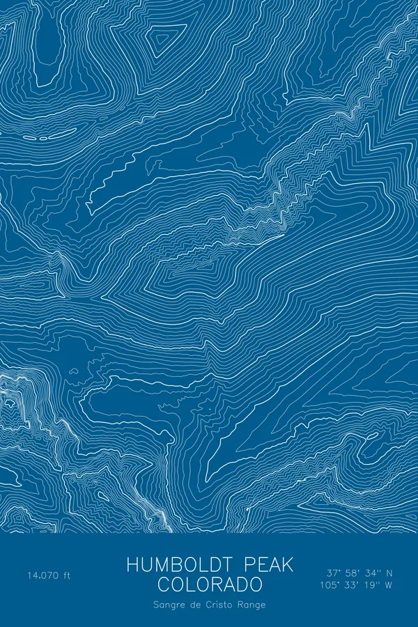 Pen-plotted topographic map of Humboldt Peak, Colorado in white ink on blue paper