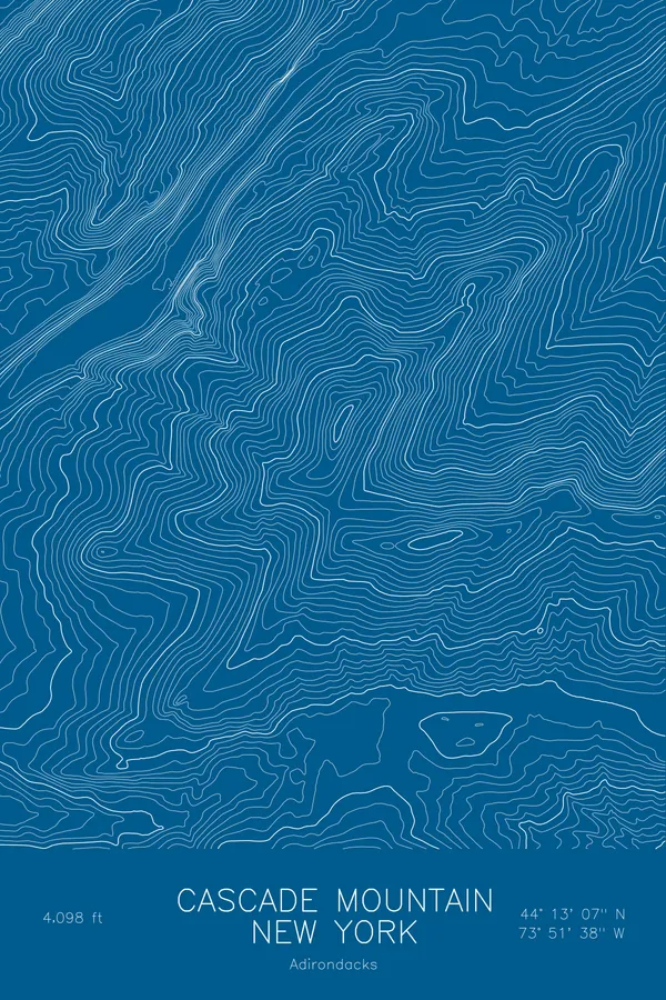 Pen-plotted topographic map of Cascade Mountain, New York in white ink on blue paper
