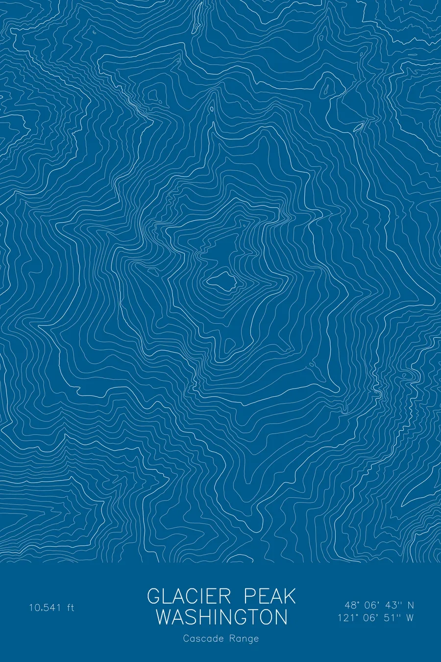 Pen-plotted topographic map of Glacier Peak, Washington in white ink on blue paper