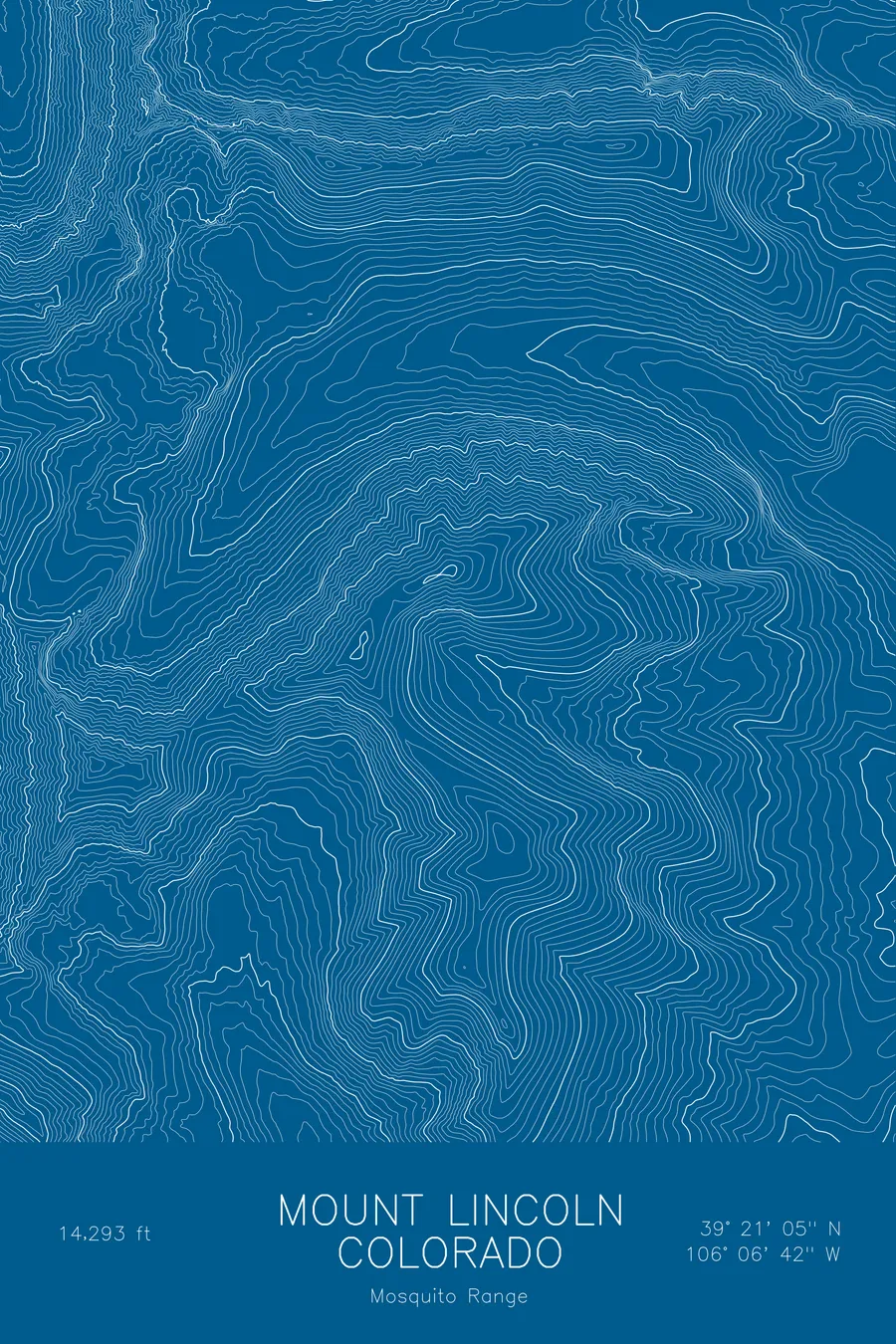 Pen-plotted topographic map of Mount Lincoln, Colorado in white ink on blue paper