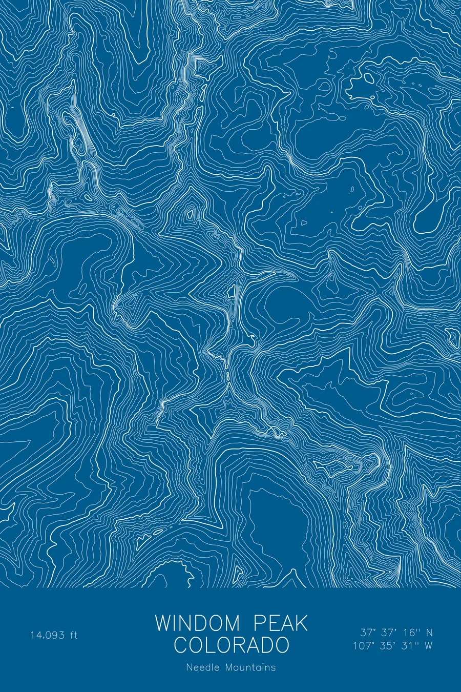 Pen-plotted topographic map of Windom Peak, Colorado in white ink on blue paper