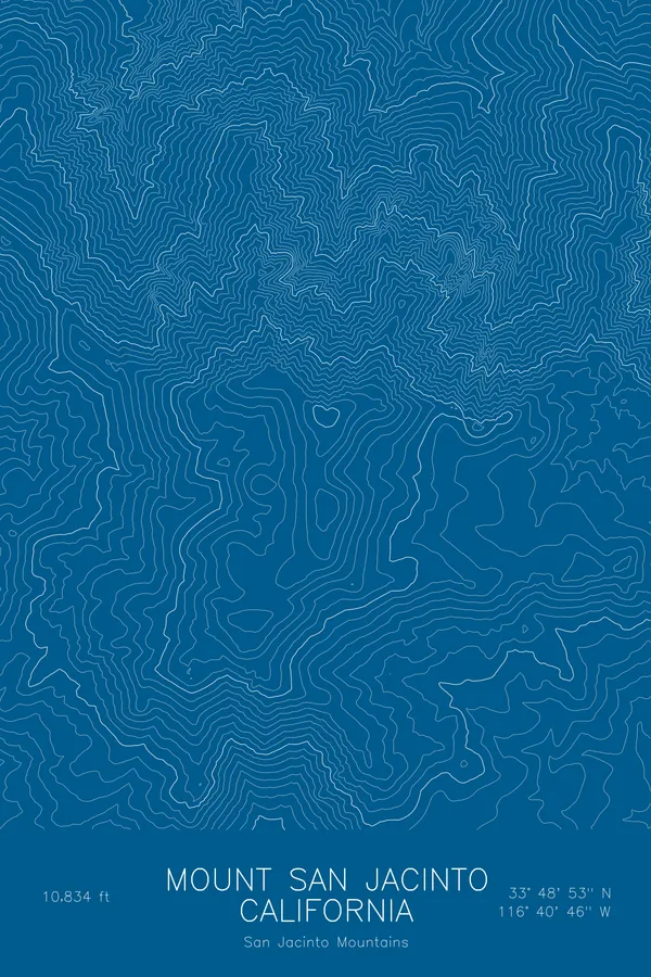 Pen-plotted topographic map of Mount San Jacinto, California in white ink on blue paper