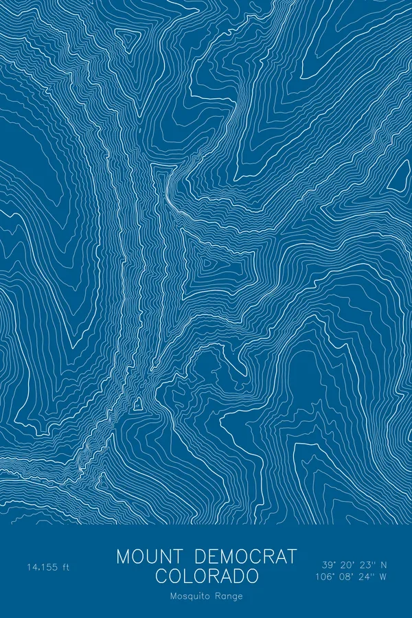 Pen-plotted topographic map of Mount Democrat, Colorado in white ink on blue paper