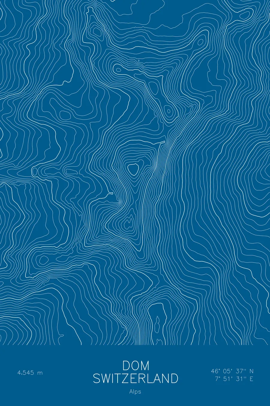 Pen-plotted topographic map of Dom, Switzerland in white ink on blue paper