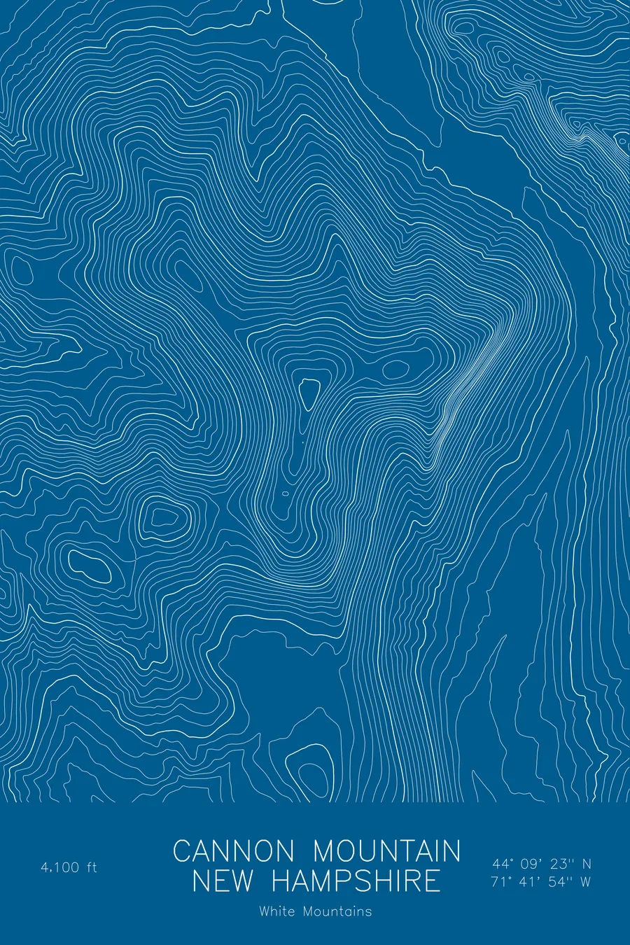Pen-plotted topographic map of Cannon Mountain, New Hampshire in white ink on blue paper