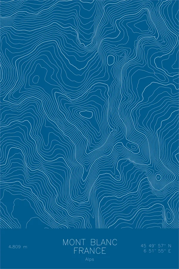 Pen-plotted topographic map of Mont Blanc, France / Italy in white ink on blue paper