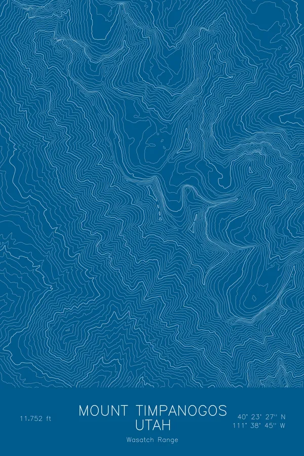 Pen-plotted topographic map of Mount Timpanogos, Utah in white ink on blue paper