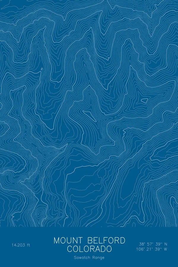 Pen-plotted topographic map of Mount Belford, Colorado in white ink on blue paper