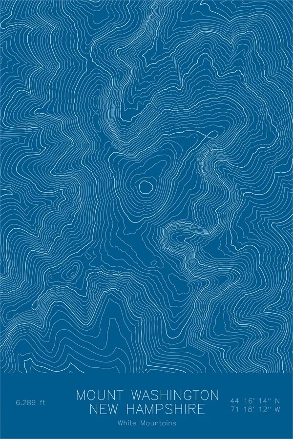 Pen-plotted topographic map of Mount Washington, New Hampshire in white ink on blue paper