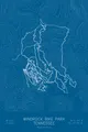 Pen-plotted mountain bike trail map of Windrock Bike Park, Tennessee in white ink on blue paper
