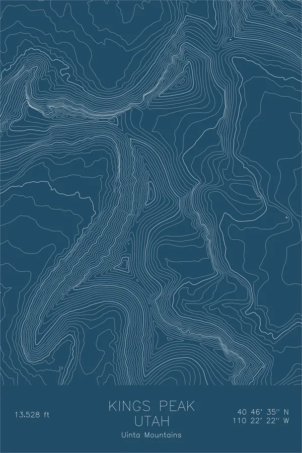 Pen-plotted topographic map of Kings Peak, Utah in white ink on blue paper