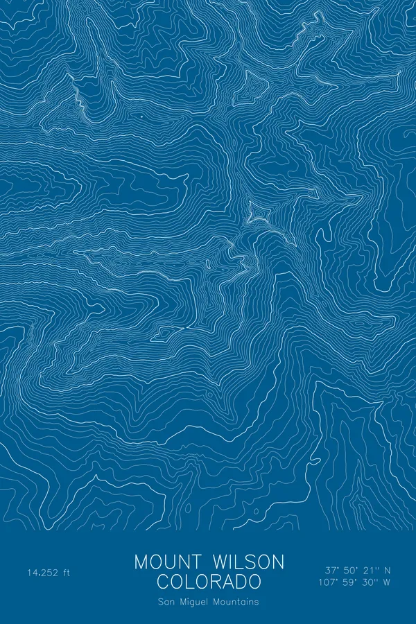 Pen-plotted topographic map of Mount Wilson, Colorado in white ink on blue paper