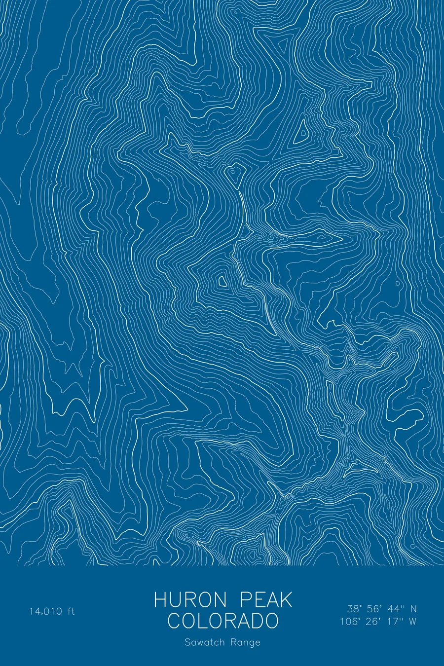 Pen-plotted topographic map of Huron Peak, Colorado in white ink on blue paper