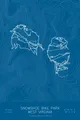 Pen-plotted mountain bike trail map of Snowshoe Bike Park, West Virginia in white ink on blue paper