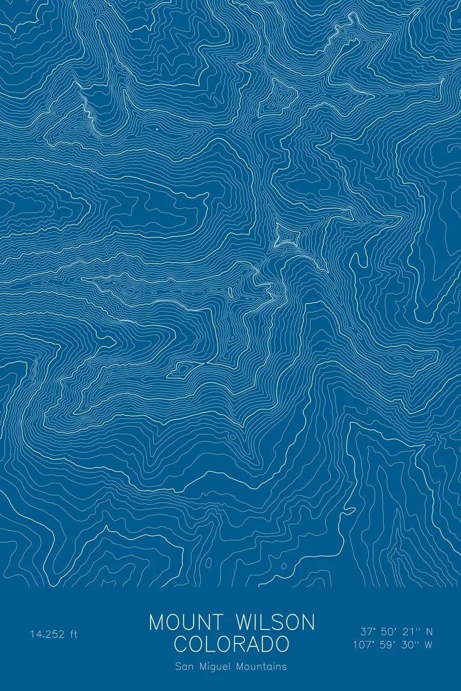 Pen-plotted topographic map of Mount Wilson, Colorado in white ink on blue paper