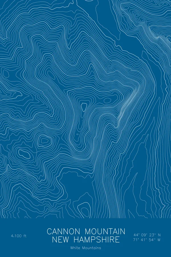 Pen-plotted topographic map of Cannon Mountain, New Hampshire in white ink on blue paper