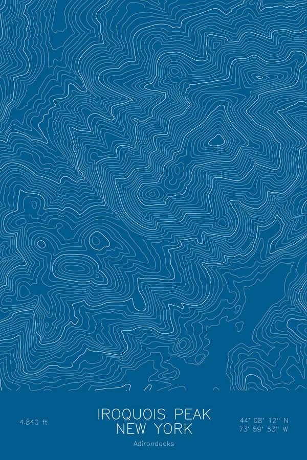 Pen-plotted topographic map of Iroquois Peak, New York in white ink on blue paper