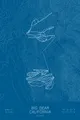 Pen-plotted topographic ski map of Big Bear, California in white ink on blue paper