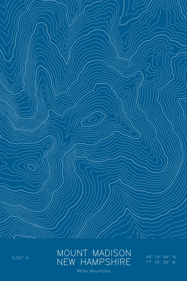 Pen-plotted topographic map of Mount Madison, New Hampshire in white ink on blue paper
