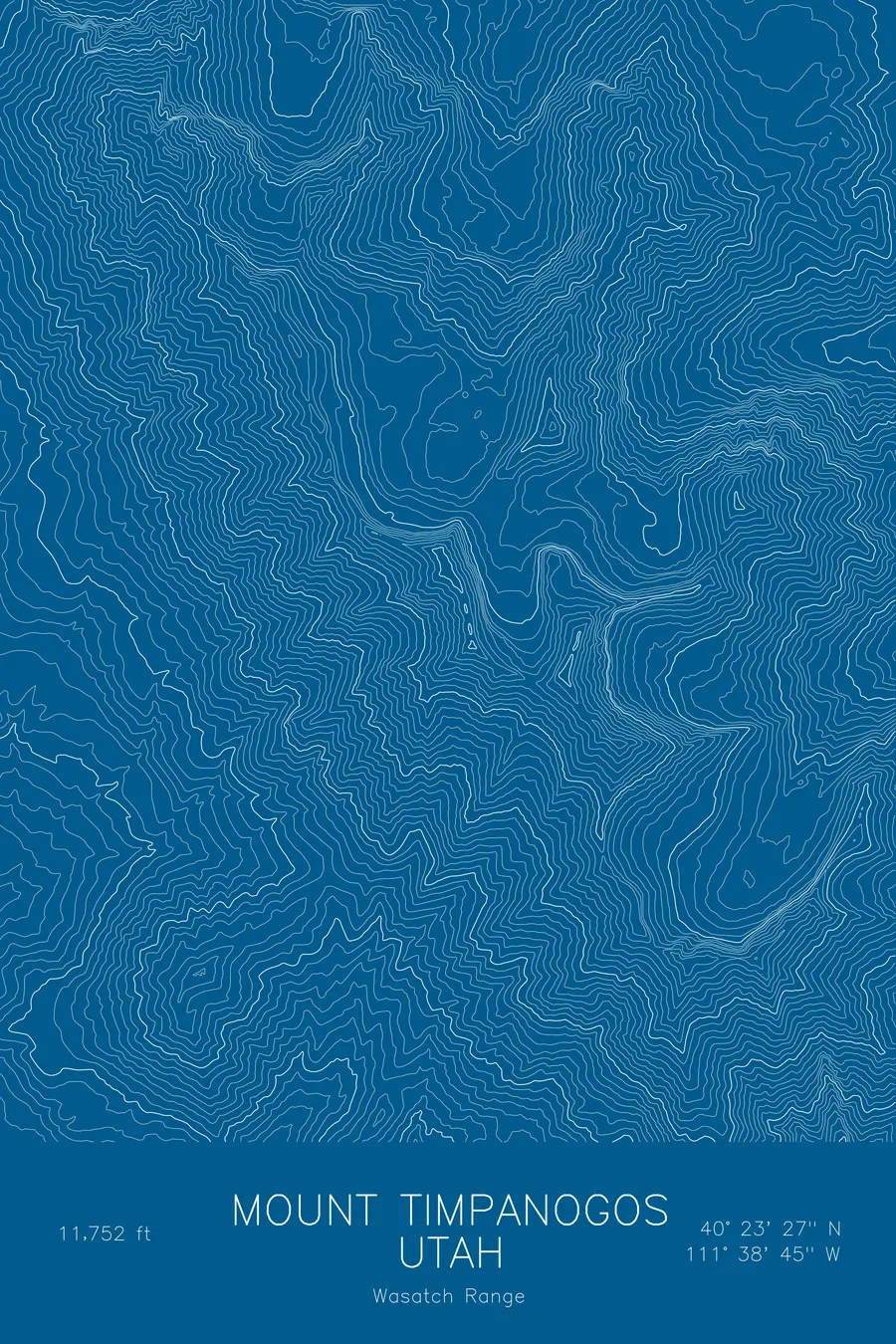 Pen-plotted topographic map of Mount Timpanogos, Utah in white ink on blue paper