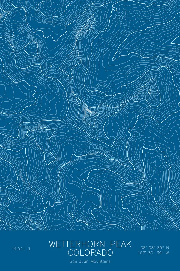 Pen-plotted topographic map of Wetterhorn Peak, Colorado in white ink on blue paper