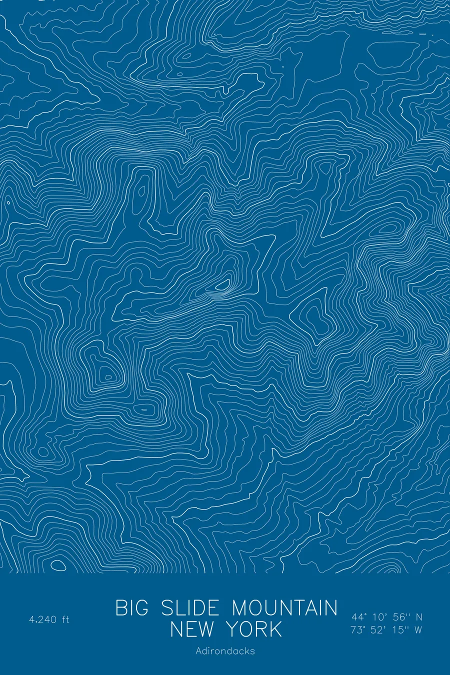 Pen-plotted topographic map of Big Slide Mountain, New York in white ink on blue paper