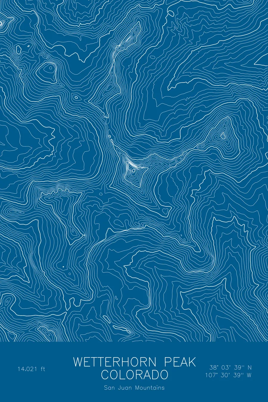 Pen-plotted topographic map of Wetterhorn Peak, Colorado in white ink on blue paper