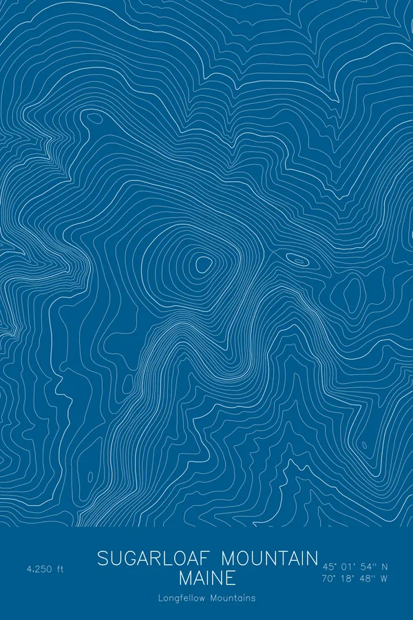 Pen-plotted topographic map of Sugarloaf Mountain, Maine in white ink on blue paper