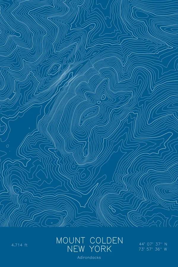 Pen-plotted topographic map of Mount Colden, New York in white ink on blue paper