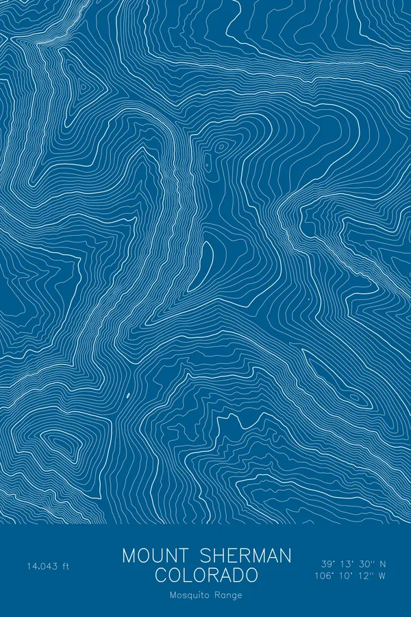 Pen-plotted topographic map of Mount Sherman, Colorado in white ink on blue paper