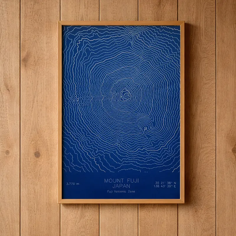 Framed pen-plotted topographic map in the navy colorway displayed in a real room, from the same series as this topographic map of Borah Peak, Idaho