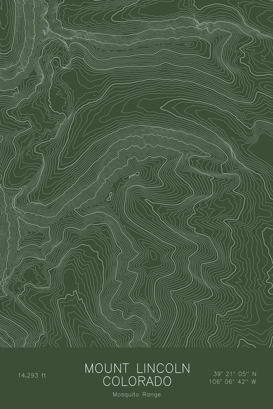 Pen-plotted topographic map of Mount Lincoln, Colorado in white ink on green paper