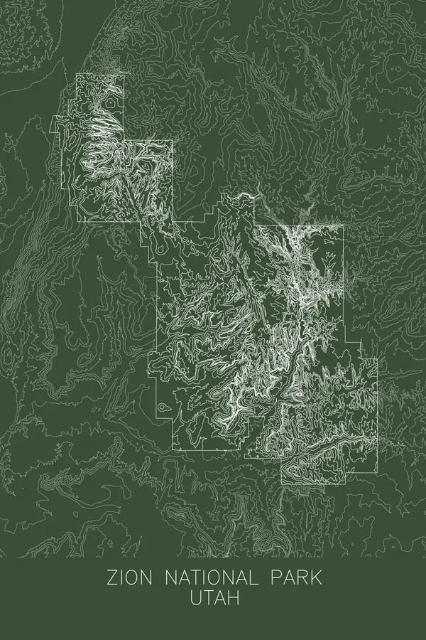 Pen-plotted topographic map of Zion National Park, Utah in white ink on green paper