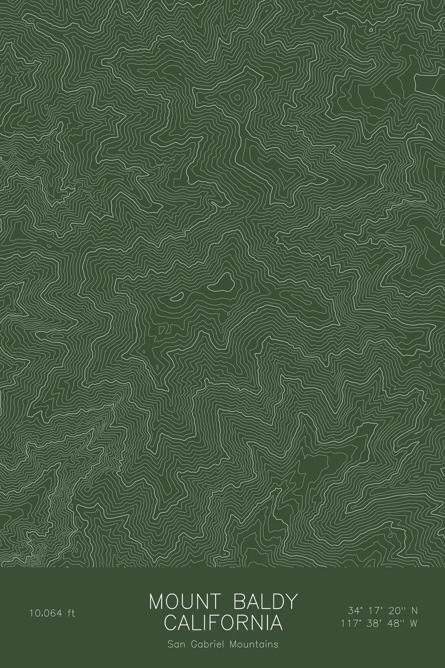 Pen-plotted topographic map of Mount Baldy, California in white ink on green paper